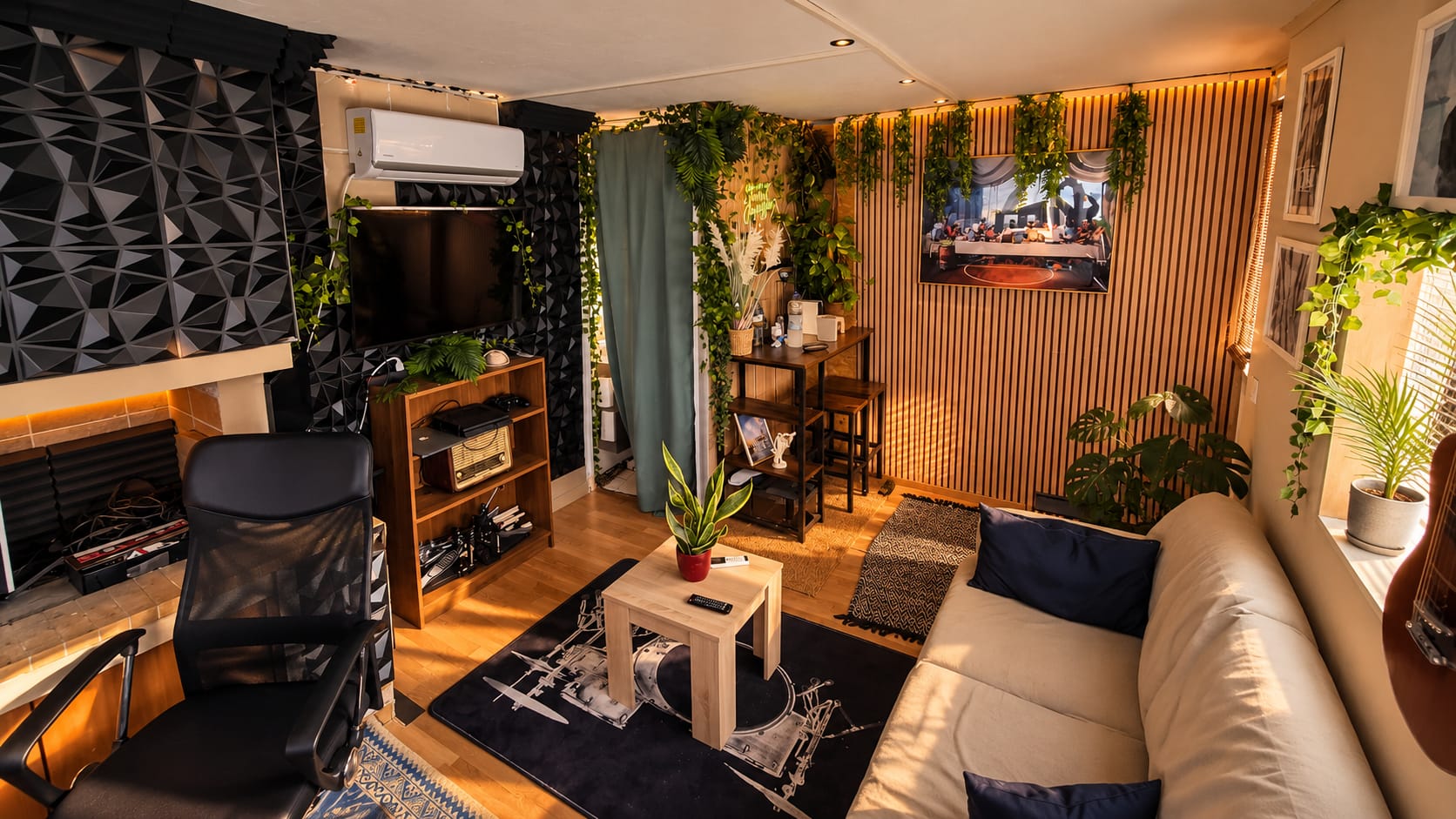 Rooftop Studio Athens workstation and lounge corner at sunset